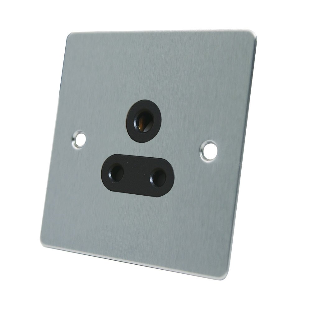 AET FSC5ASOCBL Satin Chrome Flat 5 Amp Black Insert-5A 1 Gang Round Pin Unswitched Plug Socket