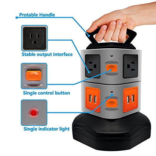 Surge Protector Power Strip, Lovin Product Safety Universal Electric Power Outlet; with 6 outlets, 4 USB Ports/ Rotating Tower/ 6 feet Cord Wire Extension/ Overload Protector/ for Home, Office