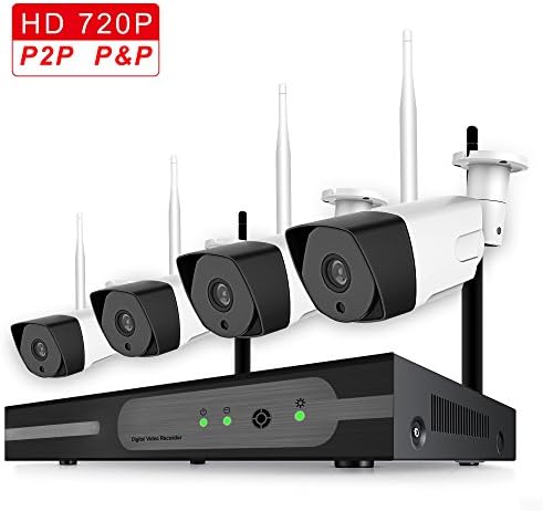 Wireless Security Camera System with Free Cloud 4pcs 720P(1.0MP) WiFi CCTV IP Camera + 4CH 1080P HDMI NVR Home Video Surveillance System, Night Vision, Motion Detection, No Hard Drive in Package