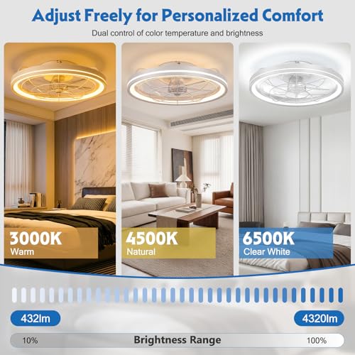 Ceiling Fan with Lighting, Dimmable Ceiling Light with Fan Quiet, Diameter 48 cm, 6 Levels, 3000-6500 K, Remote Control & App, Timer, Ceiling Fan Light for Bedroom, Living Room (White)