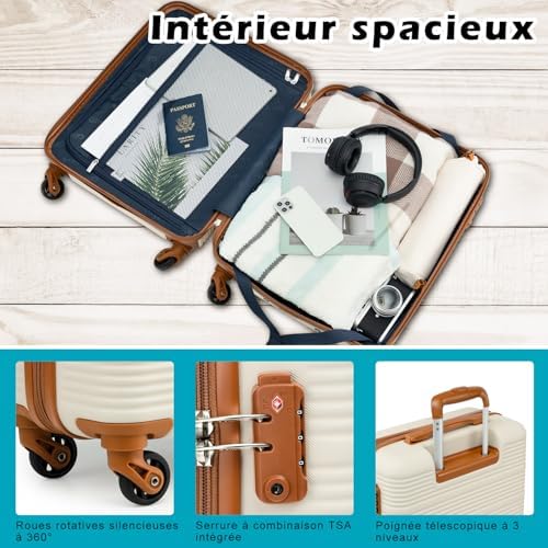 Valise Cabine 55x40x20 pour Easyjet, Sacs de Voyage 45x36x20cm pour Courts Séjours et Voyages d'affaires, Coque Rigide en ABS avec Serrure TSA, 4 Roues Pivotantes à 360° (Blanc/Marron)