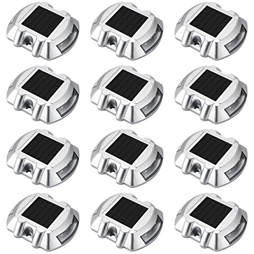 OrangeA Solar Led Pathway Marker Road Stud Light 12 Pcs Dock Driveway Path Warning Lights with 6 White Leds Solar Dock Lights for Deck Driveway Garden Walkway Sidewalk Steps (12 Pack)
