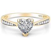 Solitaire Heart Promise Ring for Women Center 7MM Simulated Birthstone with White CZ, Stackable Gemstone Ring in 14K Gold Plated 925 Sterling Silver, Jewelry Gift for Her