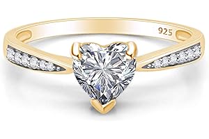 AFFY Solitaire Heart Promise Ring for Women Center 7MM Simulated Birthstone with White CZ, Stackable Gemstone Ring in 14K Gold Plated 925 Sterling Silver, Jewelry Gift for Her