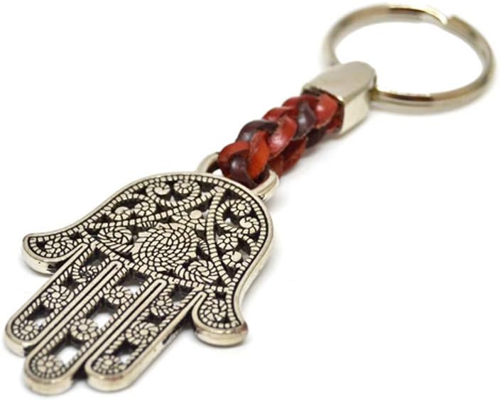 Key Ring Holder Pendant "Hand of Fatima" on a Beautiful Leather Band, 8 cm Plus Ring 2,5cm, Silver