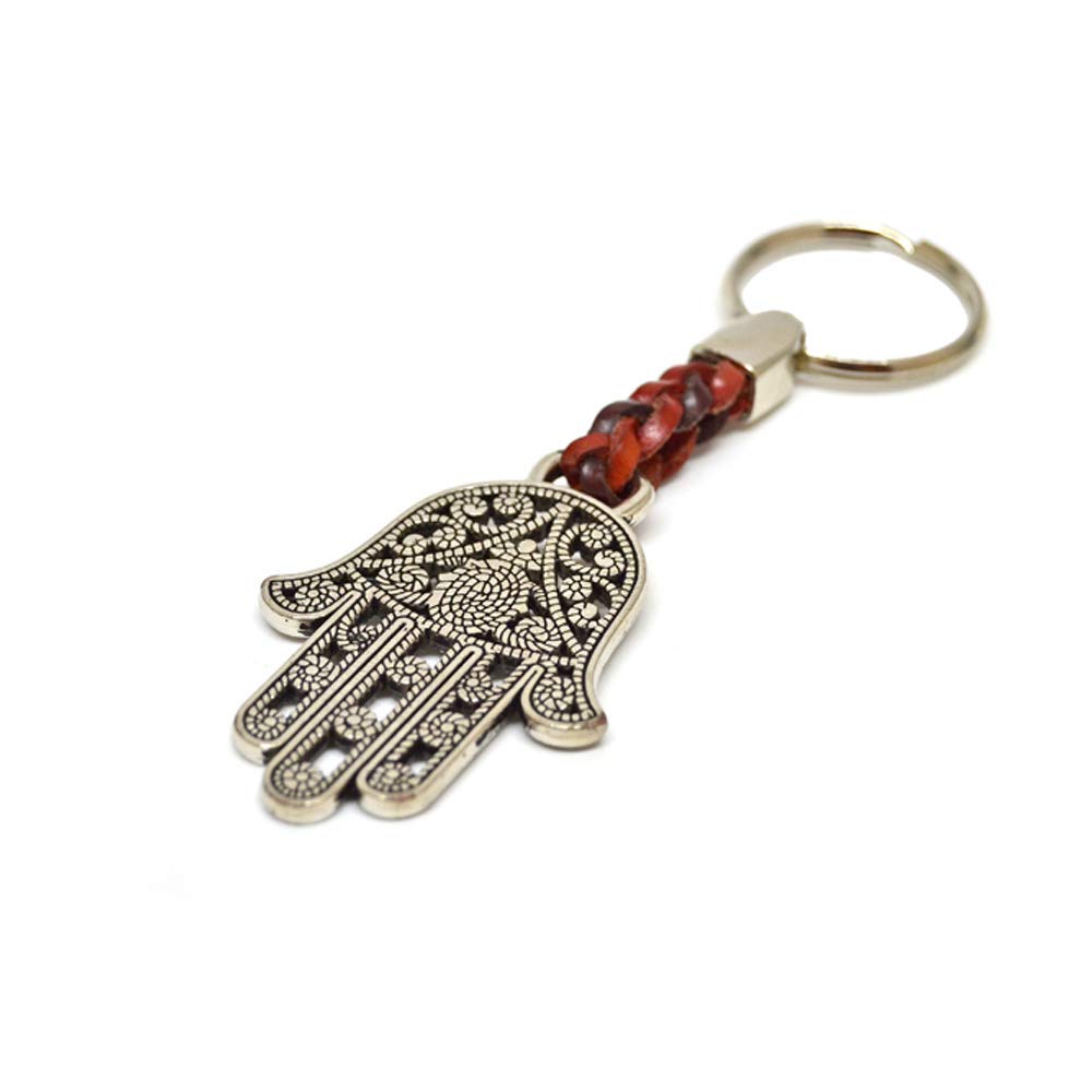 Key Ring Holder Pendant "Hand of Fatima" on a Beautiful Leather Band, 8 cm Plus Ring 2,5cm