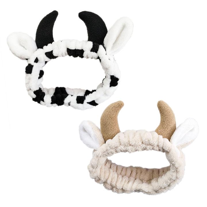 EUPSIIU 2 Pcs Ear Horn Headband, Animal Makeup Face Wash Hair Band, Makeup Headband, Facial Headpieces, Spa Hair Bands, Washing Hair Band for Girls Women Beauty Shower Skin Care (Black, Khaki)