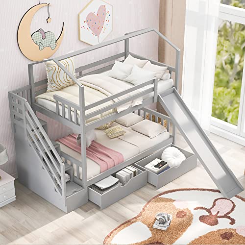 House Bunk Beds with Slide and Stairs Twin Over Twin Bunk Bed with
