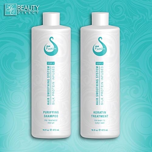 Keratin Long Lasting Hair Smoothing Treatment Set with Organic Coconut Oil and Infused SILK Proteins for Straightening of Wavy to Curly Hair in Two 16 Fl Oz / 473 mL