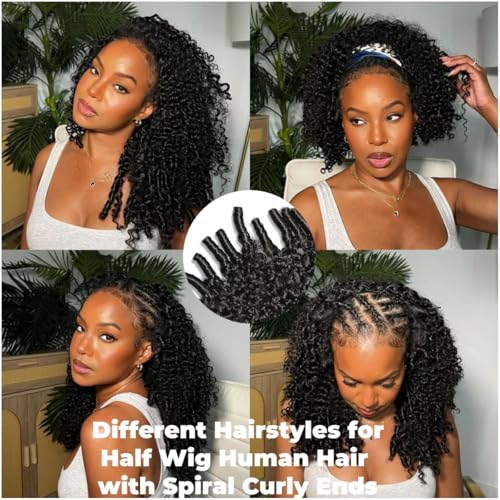 Human Hair Wig Curly Human Hair Half Wig Half Head Burmese Curly Brazilian Glueless with Spiral Curly Ends 3 in 1 Drawstring Seamless Clip Ins Flip Over Natural Black 24 Inches