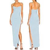 Aigeman Women Spaghetti Straps Cowl Neck Maxi Dress Bodycon Formal Dresses Ruched High Slit Cocktail Party Dress 60