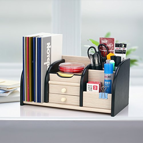 AZDENT Wood Desk Organizer Office Storage Rack with 2 Drawers 5 Compartments 2 Mail Sorter Holder Desktop Table and Counter