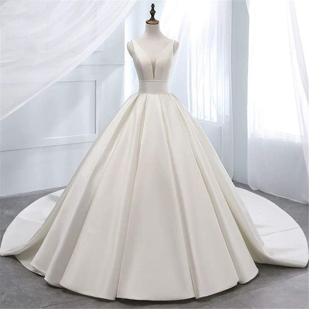 Bridal Dress Bride Shoulder V-neck Satin Wedding Short-sleeved Long Lace A Line Wedding Dress (Color : White, Size : 14w)