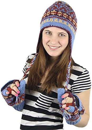 KayJayStyles Nepal Hand Knit Ear Flaps Beanie Skull Ski 100% Wool