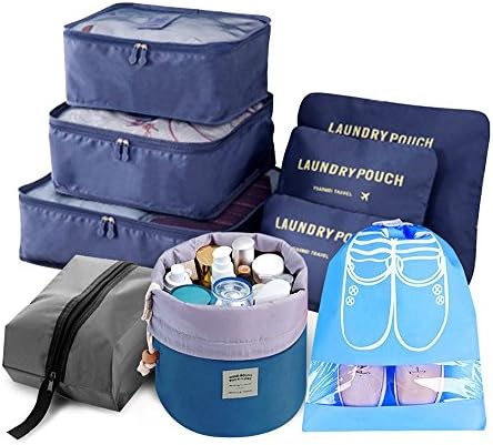 Packing Cubes 9 PCS Lightweight Compression Travel Luggage Organizer include Waterproof Shoe Organizer Toiletry Organizer Large Medium Small Laundry Pouches, Blue