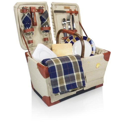 PICNIC TIME Pioneer Deluxe Picnic Basket, Romantic Vintage Wood-Framed Basket Covered in Canvas, Complete Deluxe Service for Two with Water-Resistant Bottom and Two Lids, (Beige Canvas)
