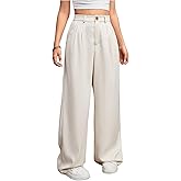 OYOANGLE Girl's Elastic Waist Wide Leg Pants Button Down Solid Uniform Trousers with Pockets