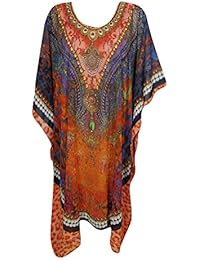 Mogul Womens Caftan Dress Vibrant Boho Digital Print V-Neck Sexy Bikini Beach Cover Up Kaftan