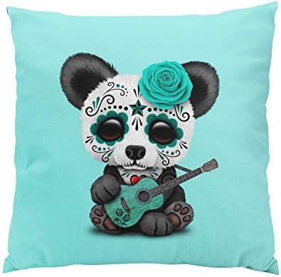 Gygarden Modern Blue Sugar Skull Panda Playing Guitar Hidden Zipper Home Sofa Decorative Throw Pillow Cover Cushion Case Square 16X16 Inch Two Sides Design Printed Pillowcase