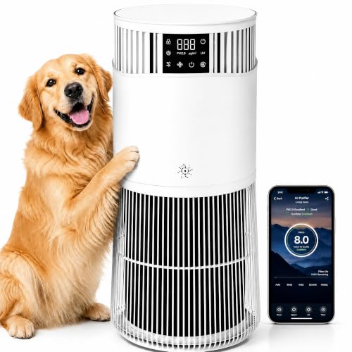 Purificateur d'air avec HEPA + filtre à charbon actif, CADR 490 m³/h pour jusqu'à 50 m², voiture et application, mode veille silencieux 24 dB, affichage PM2,5, aromathérapie, minuterie, sécurité
