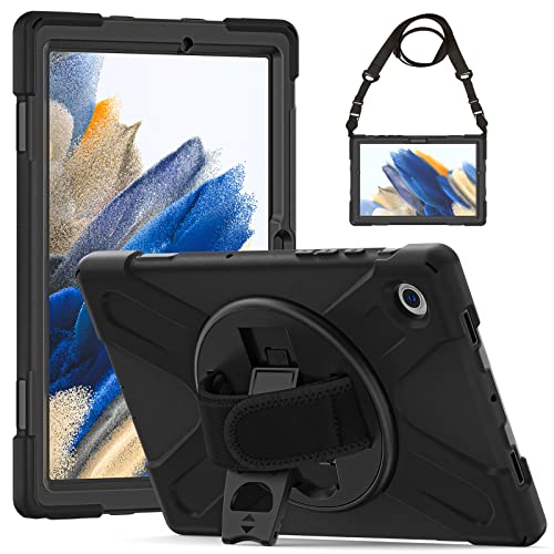 Gerutek Shockproof Case for Samsung Galaxy Tab A8 10.5 Inch 2022, (SM-X200/SM-X205/SM-X207), Heavy Duty Armor Case with Rotating Stand, Hand Strap and Shoulder Strap, Cover for Samsung Tab A8 10.5-Inch, Black