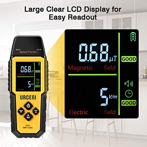 URCERI EMF Meter Electromagnetic Radiation Detector Multi Field Tester Handheld Mini with Backlight Colored LCD Screen and Temperature Detection with Sound Alert and Intensity Graphs (UI-01)