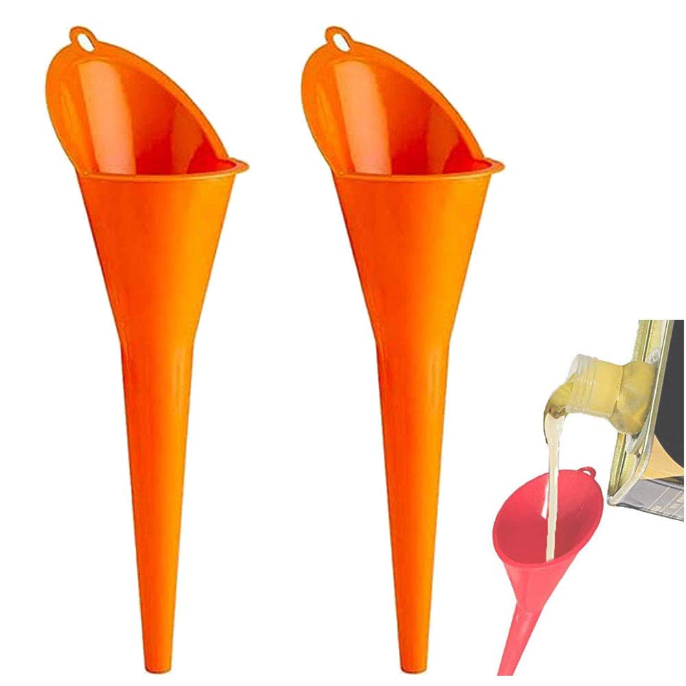 MMIAOO Plastic Long Funnel, 2 PCS Extra Long Super Funnels for Engine Oil, Transmission Fluid, Motorcycle, Locomotive, Car Refueling, Red, 28cm