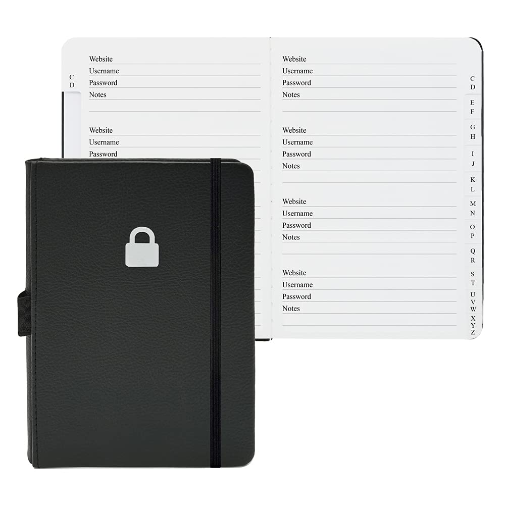 Hardcover Password Book with Alphabetical Tabs - Internet Password Keeper Book, 11.6 x 15.5cm Password Notebook for Office or Home, Black