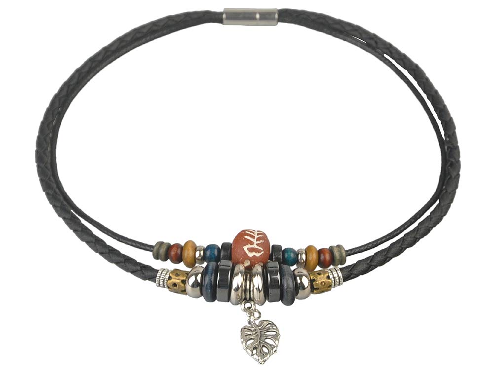 Boho Double Layer Black Leather Necklace with Beads and Silver Leaf Pendant, 38 cm (15 inches)