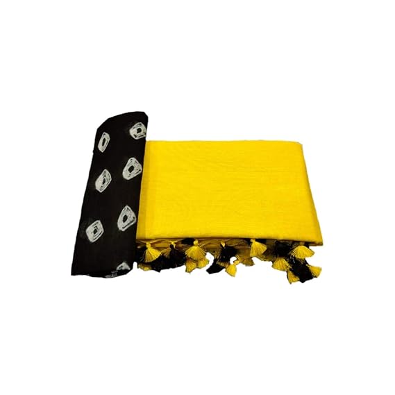 Yellow Women's linen Sarees with Black Handblock Print blouse piece ANHW4