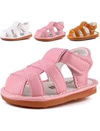 CINDEAR Squeaky Pu Leather Closed-Toe Sandals for Infant Boy Girl Rubber Sole Anti-Slip Slippers Shoes White 1302-WT15(Inner Length 11.5cm/4.5in)