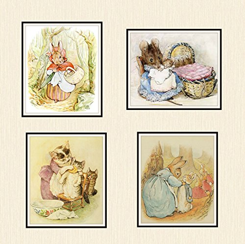 Set of 4 Beatrix Potter Print Reproductions, Unframed Peter Rabbit and Friends, Mother Collection Prints, Nursery Baby Prints, Shower Gift 8 x 10