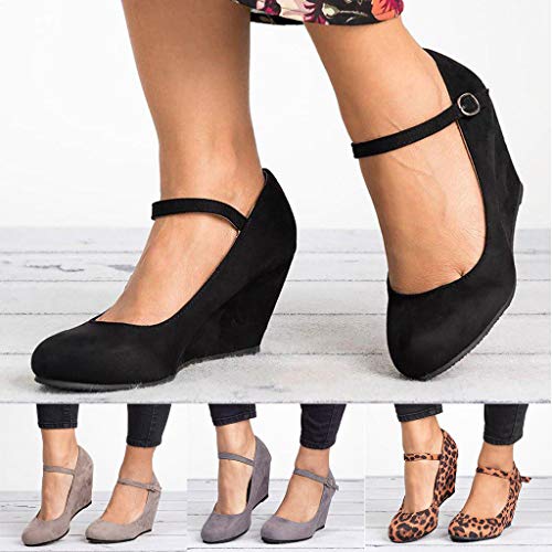 Fashion Respctful✿ Women's Mary Jane Closed Round Toe Buckled Strap Ankle Strappy Wedge Pump Black