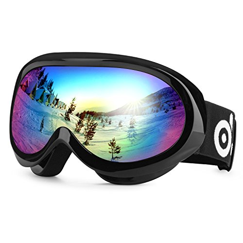 Odoland Ski Goggles for Youth Age 8-16 â€“ UV400 Protection and Anti-Fog â€“ Double Grey Spherical Lens for Sunny and Cloudy Days (Black)