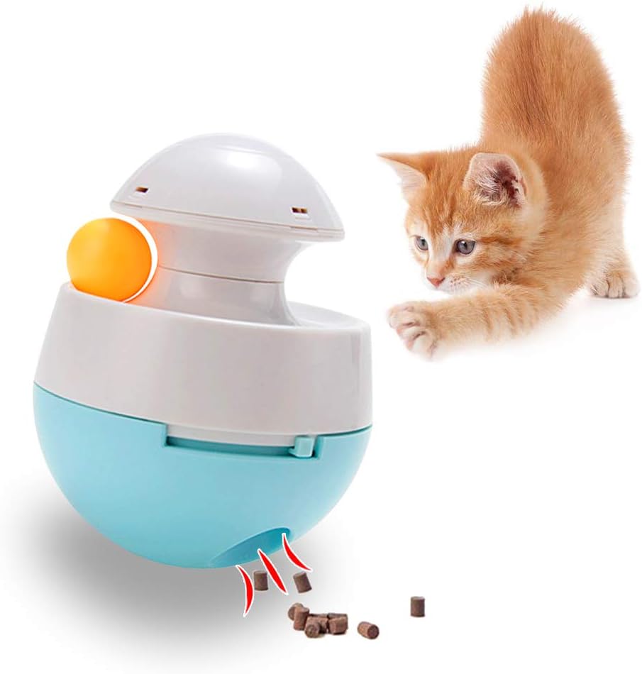 Andiker Cat Food Toy Slow Feeder Dispenser, Kitten Tumbler Ball Interactive Kitty Treat Toys Slow Eating for Indoor Cats and Puppy with Roller Ball Track (S, Blue)