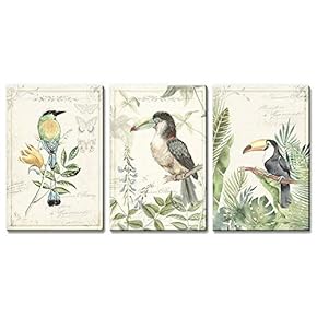 3 Panel Canvas Wall Art - Vintagae Style Birds on Tree Branch Flowers - Giclee Print Gallery Wrap Modern Home Art Ready to Hang - 16"x24" x 3 Panels