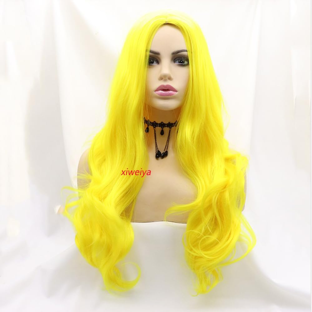 Xiweiya Ombre Yellow Wavy Synthetic Wigs Middle Part Long Wavy Yellow Wig Heat Resistant Fiber Half Hand Tied Wig For Women 24inch โ image 1
