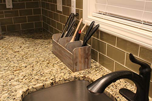 Vintage Rustic Barnwood Torched Wood Kitchen Utensil Holder - 3 Compartment Organizer Caddy Box For Cooking, Silverware, Flatware, Sauce Spoon, Tongs, and More