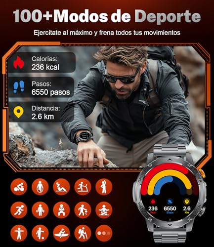 Reloj Inteligente Hombre, 1000mAh, Pantalla 1.75''HD, Smartwatch Diseño Militar, Llamada Bluetooth, 130+Deportivos, IP68 Resistente Agua Smart Watch, Monitoreo Cardíaco Sueño, Android iOS, Negro mate
