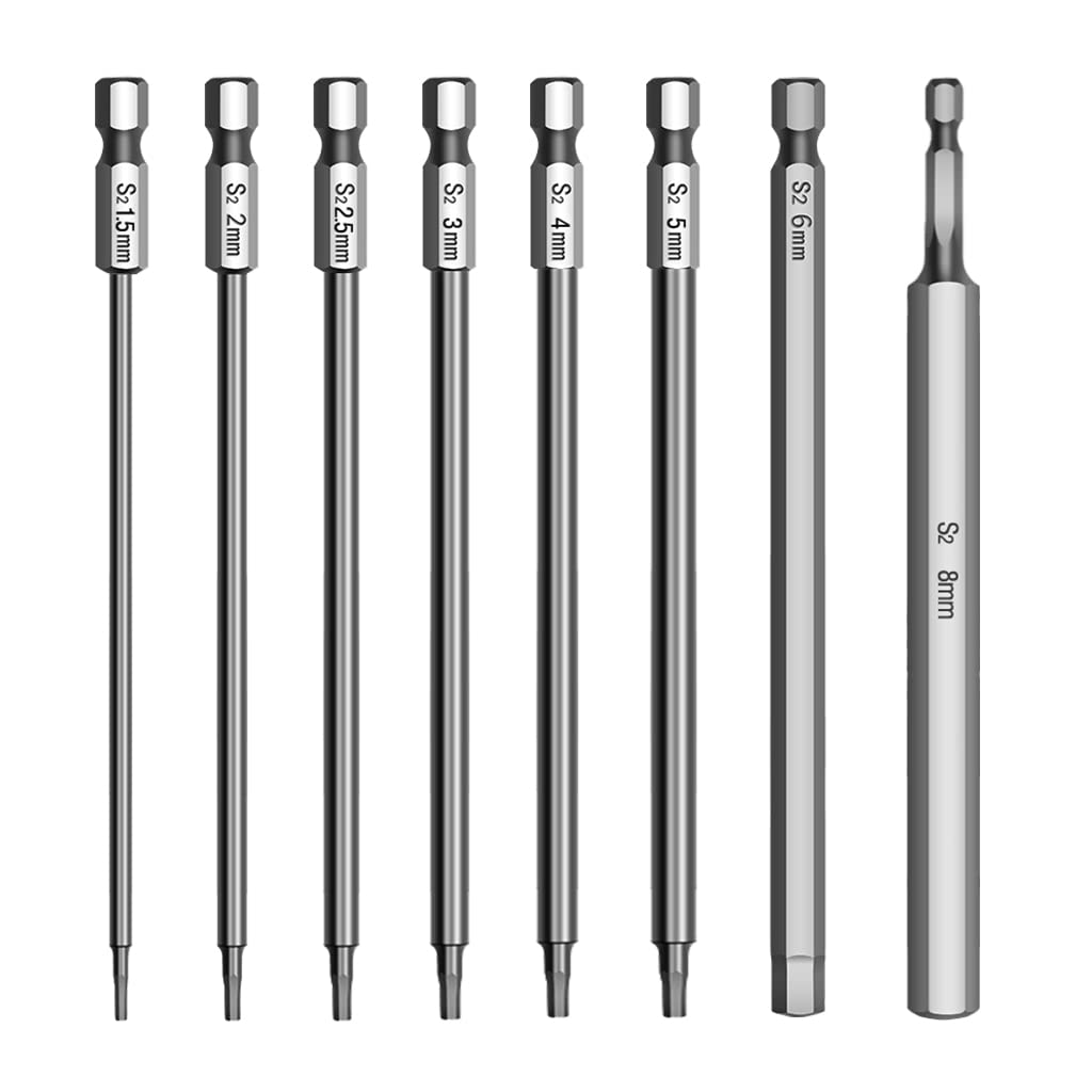 8 Piece Torx Bit Long, 150 mm Bit Set Long, 1/4 Inch Hexagon Hex Screwdriver Set, for H1.5, H2, H2.5, H3, H4, H5, H6, H8 Bit Set
