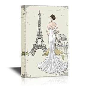 Canvas Wall Art - Back View of Lady with Eiffel Tower - Gallery Wrap Modern Home Art | Ready to Hang - 12x18 inches
