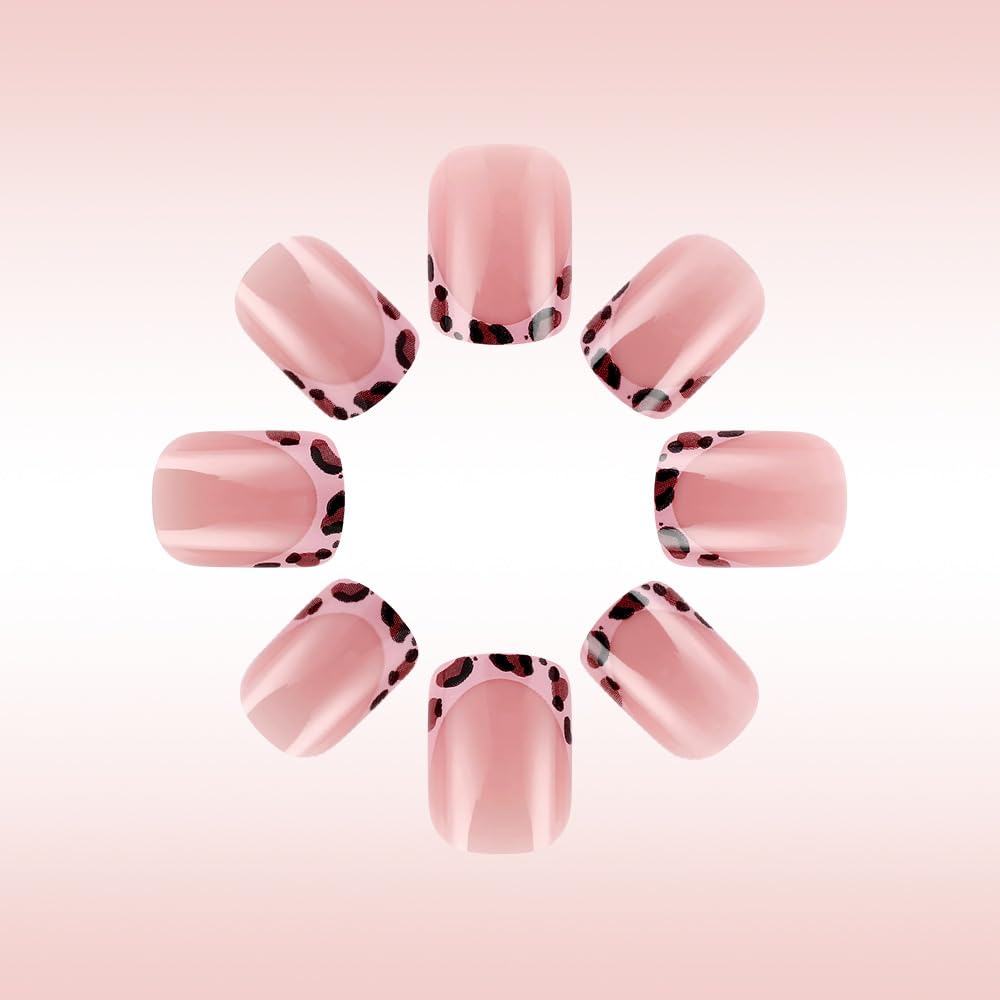 24 Pcs French Pink Press on Nails Short Square 3D Bow Texture Design - YIHONGYAN Spring Acrylic Nail Art Kit Fake Nails Press ons Nail Tips Full Cover Leopard Print False Nails for Women Manicure - Image 3
