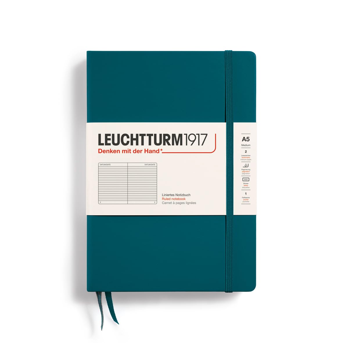 LEUCHTTURM1917 Notebook Medium (A5), Hardcover, 251 Numbered Pages Pacific Green, Ruled