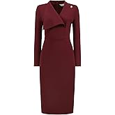 Hobemty Women's Elegant Pencil Dress Lapel V Neck Long Sleeve 2025 Trendy Work Knee Length Dresses