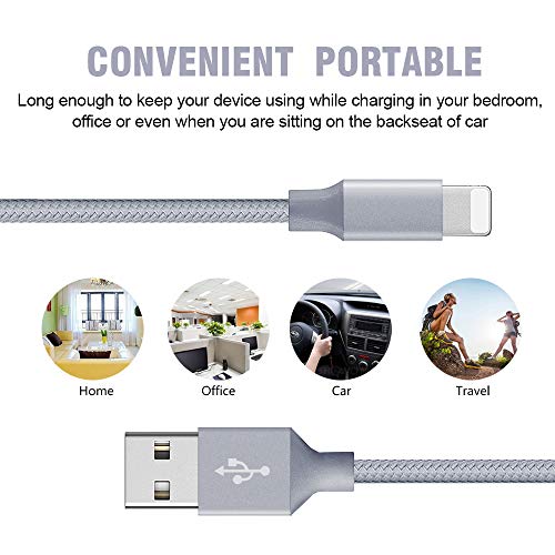 Phone Cable 4Pack 3FT 2x6FT 10FT to USB Syncing Data and Nylon Braided Cord Charger Charging Cable Compatible Phone XS MAX, XR, X, 8, 7, 7 Plus, 6, 6s, 6 Plus, 5, 5c, 5s, SE -Gray