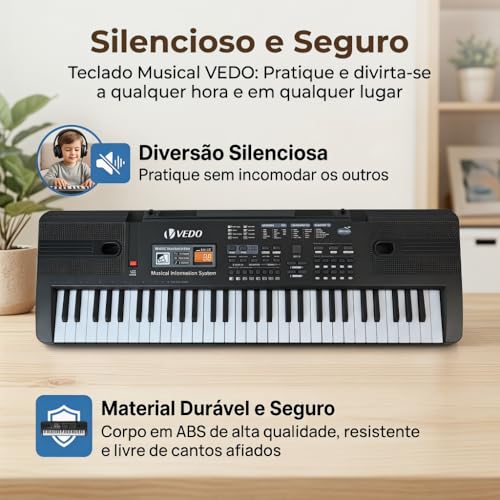 VEDO Digital Teclado 61 Teclas Infantil, Alto-Falantes Estéreo, Instrumentos Musicais Infantis, 10 Ritmos, 16 Timbres, 8 Percussão, 6 Músicas Demonstração, 2 Funções de Aprendizagem, Ótimo Presente