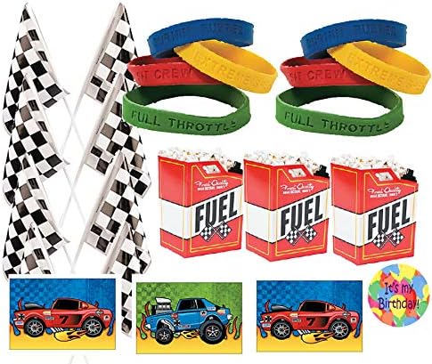 Race Car Party Favors for 12 - Racing Theme Bands (12), Race Car Sticker Scenes (12), Checkered Flags (24), Small Fuel Treat Boxes (12) and a Happy Birthday Sticker (Total 61 Pieces)