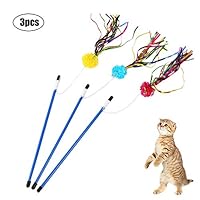 Cat Teaser Wand Interactive Cat Toys Cat Wands with Sound Paper Tassels for Cat Kitten Having Fun Exerciser Playing [3Pcs - Red,Blue,Yellow]