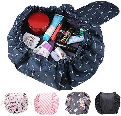 Lazy Makeup Bag, Drawstring Makeup Bag Portable Travel Make Up Bag Quick Pack Cosmetic Bag Pouch Storage Organizer For Women Girls, Large Capacity (Blue Feather)