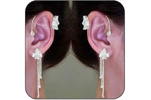 DOLLESS Butterfly Ear Cuffs Earrings Rhinestone Butterfly Flower Ear Wrap No Piercing Tassel Earrings for Women (Silver)